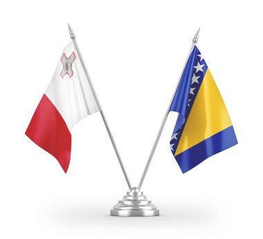 Bosna-Hersek ve Malta masa bayrakları beyaz arkaplandaki 3D görüntülere izole edildi