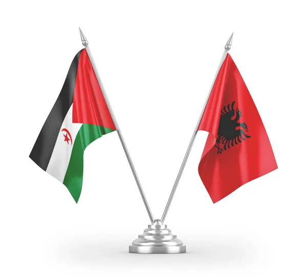 Banderas Mesa Albania Sahara Occidental Aisladas Sobre Fondo Blanco —  Fotos de Stock