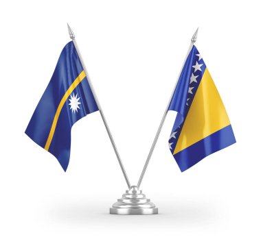 Bosna-Hersek ve Nauru masa bayrakları beyaz arkaplandaki 3D görüntülerde izole edildi