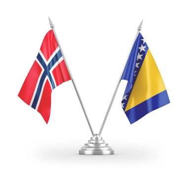 Bosna-Hersek ve Norveç 'in bayrakları beyaz arkaplandaki 3D görüntülere izole edildi