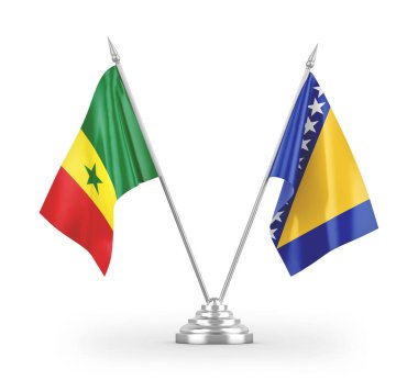 Bosna-Hersek ve Senegal masa bayrakları beyaz arka planda izole edilmiş 3D görüntüleme