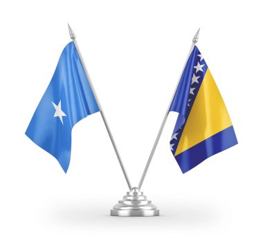 Bosna-Hersek ve Somali masa bayrakları beyaz arka planda izole edilmiş 3D görüntüleme