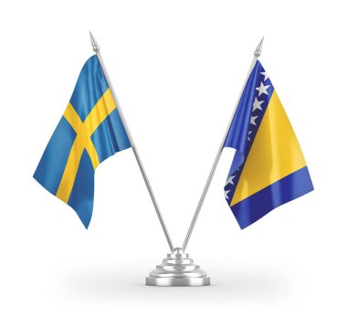 Bosna-Hersek ve İsveç bayrakları beyaz arka planda izole edilmiş 3D görüntüleme