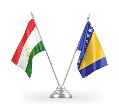 Bosna-Hersek ve Tacikistan masa bayrakları beyaz zemin üzerinde izole edilmiş 3D görüntüleme