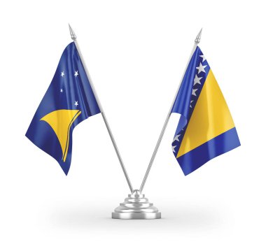 Bosna-Hersek ve Tokelau masa bayrakları beyaz zemin üzerinde izole edilmiş 3D