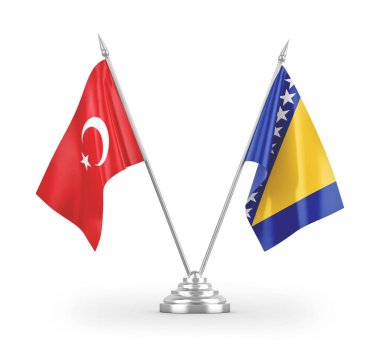 Bosna-Hersek ve Türkiye 'nin bayrakları beyaz arkaplandaki 3D görüntülere izole edildi