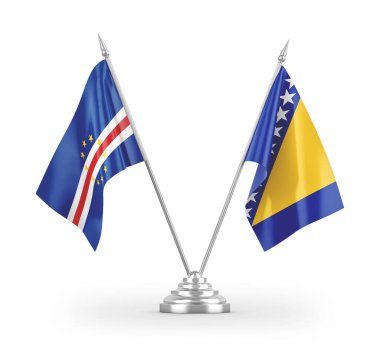 Bosna-Hersek ve Cabo Burnu masa bayrakları beyaz zemin üzerinde izole edilmiş 3D 