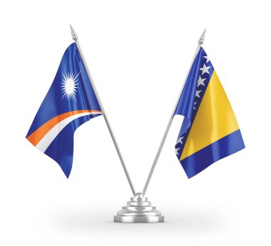 Bosna-Hersek ve Marshall Adaları masa bayrakları beyaz zemin üzerinde izole edilmiş 3D görüntüleme