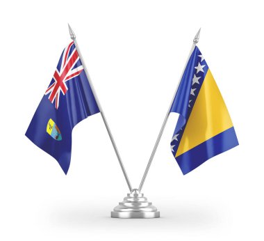 Bosna-Hersek ve Saint Helena masa bayrakları beyaz arka planda izole edilmiş 3D görüntüleme