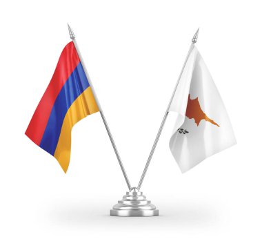 Kıbrıs Rum Kesimi ve Ermeni masa bayrakları beyaz arka planda izole edilmiş 3D görüntüleme