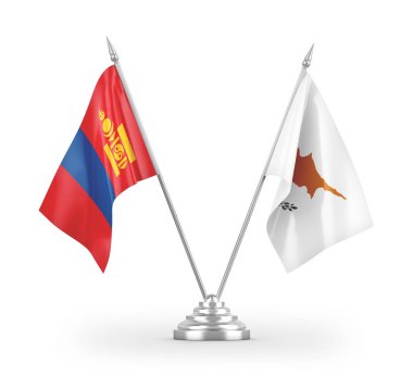 Kıbrıs Rum Kesimi ve Moğolistan masa bayrakları beyaz arkaplandaki 3D görüntüleme