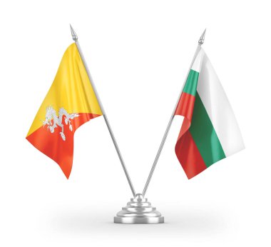 Bulgaristan ve Bhutan masa bayrakları beyaz arkaplandaki 3D görüntülere izole edilmiş 