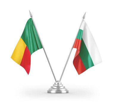 Bulgaristan ve Benin masa bayrakları beyaz arkaplandaki 3D görüntülemede izole edildi 