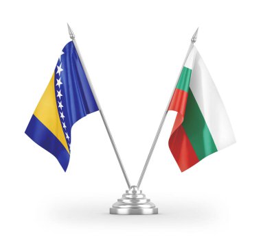 Bulgaristan ve Bosna-Hersek masa bayrakları beyaz arkaplandaki 3D görüntülere izole edildi
