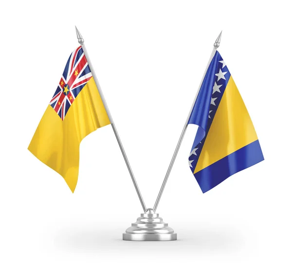 Bandeiras Mesa Bósnia Herzegovina Niue Isoladas Fundo Branco Renderização — Fotografia de Stock
