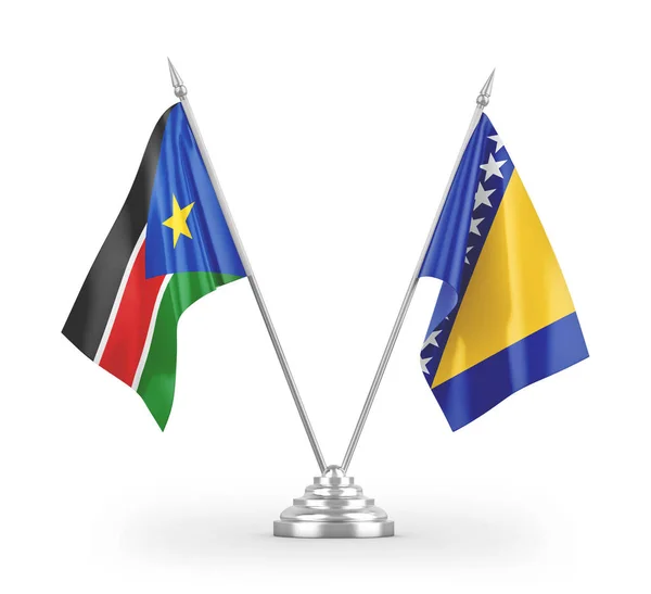 Banderas Mesa Bosnia Herzegovina Sudán Del Sur Aisladas Sobre Fondo — Foto de Stock