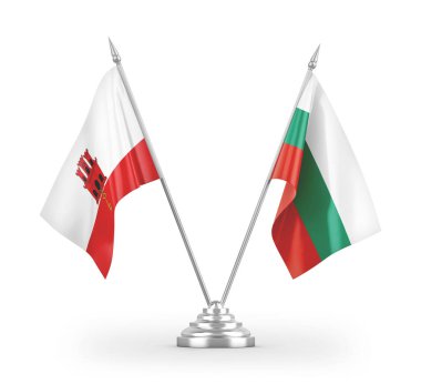 Bulgaristan ve Cebelitarık masa bayrakları beyaz arkaplan 3D rengarenk