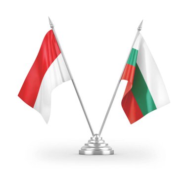 Bulgaristan ve Endonezya masa bayrakları beyaz arkaplandaki 3D görüntülere izole edilmiş