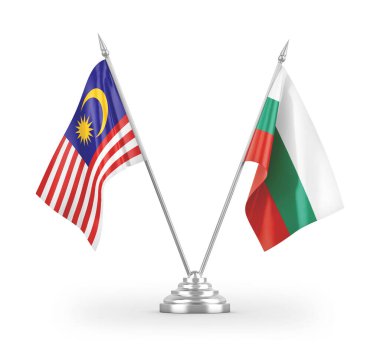 Bulgaristan ve Malezya masa bayrakları beyaz arkaplandaki 3D görüntülemede izole edildi