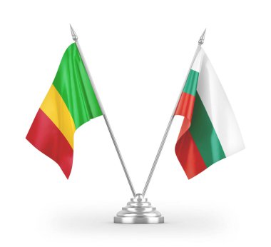 Bulgaristan ve Mali masa bayrakları beyaz arkaplandaki 3D görüntülere izole edilmiş