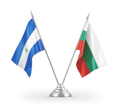 Bulgaristan ve Nikaragua masa bayrakları beyaz arkaplandaki 3D görüntülere izole edilmiş