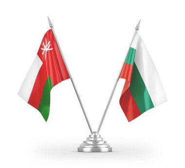 Bulgaristan ve Umman masa bayrakları beyaz arkaplandaki 3D görüntülere izole edildi