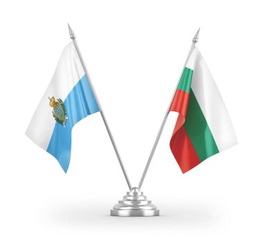 Bulgaristan ve San Marino masa bayrakları beyaz arkaplandaki 3D görüntülere izole edildi