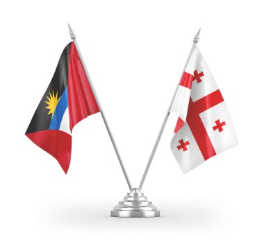 Gürcistan, Antigua ve Barbuda masa bayrakları beyaz zemin üzerinde izole edilmiş 3D görüntüleme 