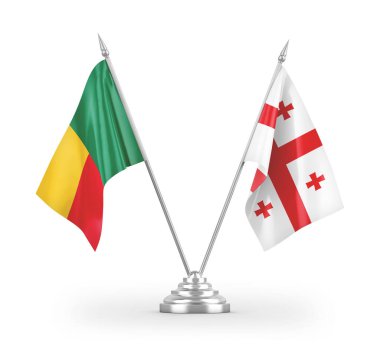 Gürcistan ve Benin masa bayrakları beyaz arkaplandaki 3D görüntüleme 