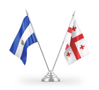 Gürcistan ve El Salvador masa bayrakları beyaz arka planda izole edilmiş 3D görüntüleme