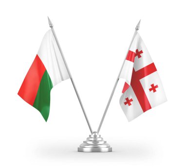 Gürcistan ve Madagaskar masa bayrakları beyaz arkaplandaki 3D görüntüleme