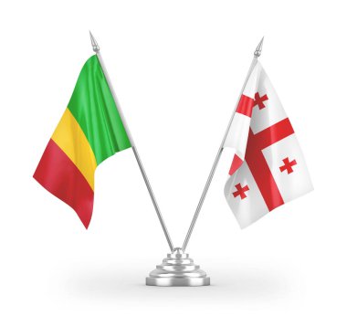 Gürcistan ve Mali masa bayrakları beyaz arkaplandaki 3D görüntüleme