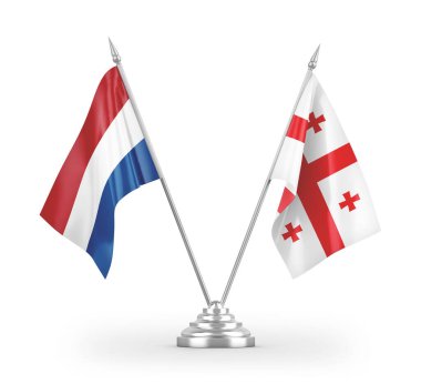 Gürcistan ve Hollanda masa bayrakları beyaz arkaplandaki 3D görüntüleme