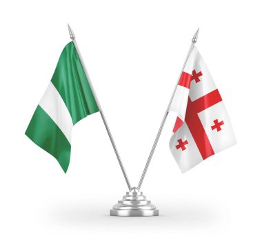 Gürcistan ve Nijerya masa bayrakları beyaz arkaplanda 3 boyutlu görüntüleme