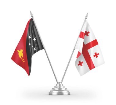 Gürcistan ve Papua Yeni Gine masa bayrakları beyaz arkaplanda 3 boyutlu görüntüleme
