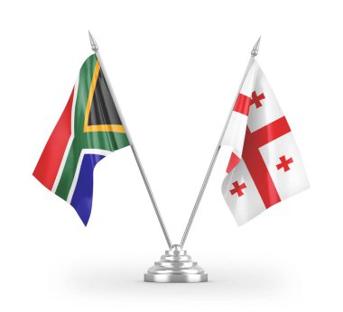 Gürcistan ve Güney Afrika masa bayrakları beyaz arka planda izole edilmiş 3D görüntüleme