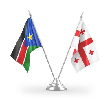 Gürcistan ve Güney Sudan masa bayrakları beyaz arkaplandaki 3D görüntüleme