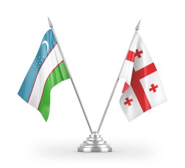 Gürcistan ve Özbekistan masa bayrakları beyaz arkaplandaki 3D görüntüleme
