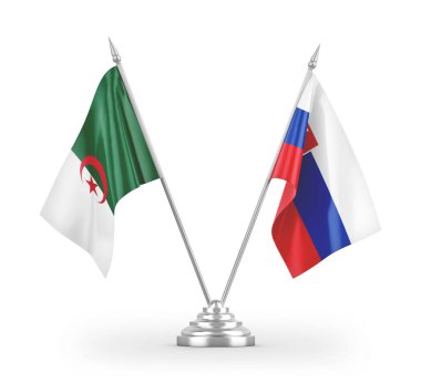 Slovakya ve Cezayir masa bayrakları beyaz zemin üzerinde izole edilmiş 3D görüntüleme