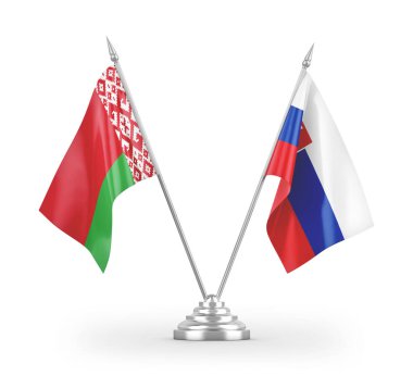 Slovakya ve Belarus masa bayrakları beyaz arkaplanda izole edilmiş 3d görüntüleme