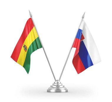 Beyaz arkaplan üzerinde izole edilmiş Slovakya ve Bolivya masa bayrakları 3d