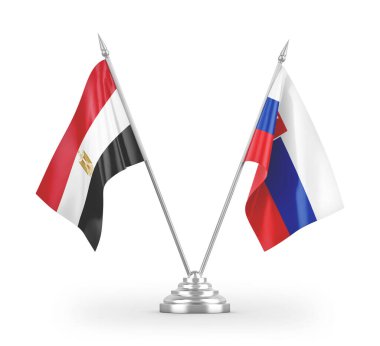 Slovakya ve Mısır masa bayrakları beyaz arkaplandaki 3D görüntüleme