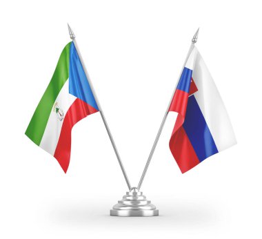 Beyaz arkaplanda izole edilmiş Slovakya ve Ekvator Ginesi masa bayrakları 3d