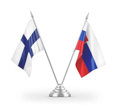 Slovakya ve Finlandiya masa bayrakları beyaz arkaplan 3D görüntüleme üzerinde izole edilmiş