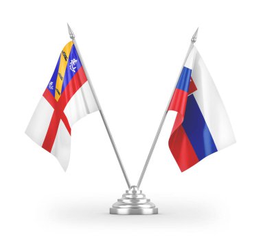 Slovakya ve Herm masa bayrakları beyaz arkaplan 3 boyutlu görüntüleme üzerinde izole edildi
