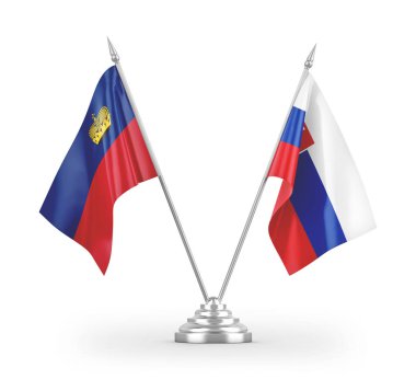 Slovakya ve Lihtenştayn masa bayrakları beyaz arkaplanda izole edilmiş 3d görüntüleme