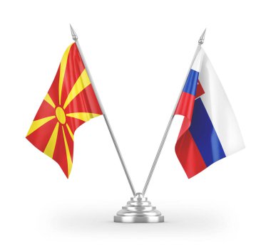 Slovakya ve Kuzey Makedonya masa bayrakları beyaz zemin üzerinde izole edilmiş 3D görüntüleme