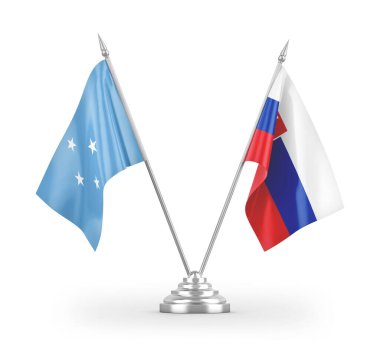 Slovakya ve Mikronezya masa bayrakları beyaz arkaplanda izole edilmiş 3d görüntüleme