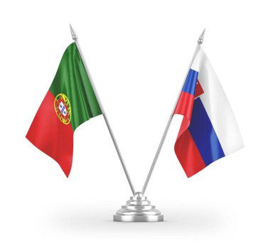 Slovakya ve Portekiz masa bayrakları beyaz arkaplan 3d görüntüleme üzerinde izole