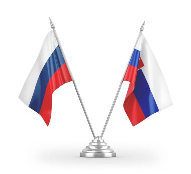 Slovakya ve Rusya masa bayrakları beyaz arkaplan 3D görüntüleme üzerinde izole edildi